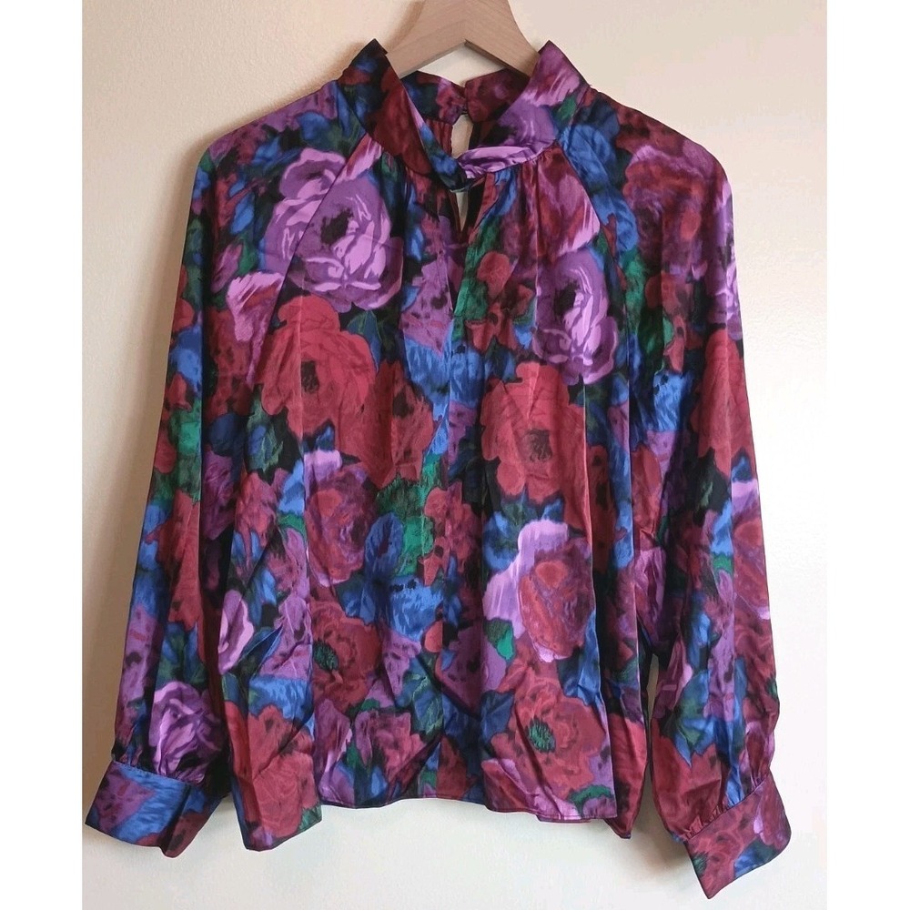 NWOT Talbots Petite XL Floral Satin Twist Neck Long Sleeve Blouse Career Top‎